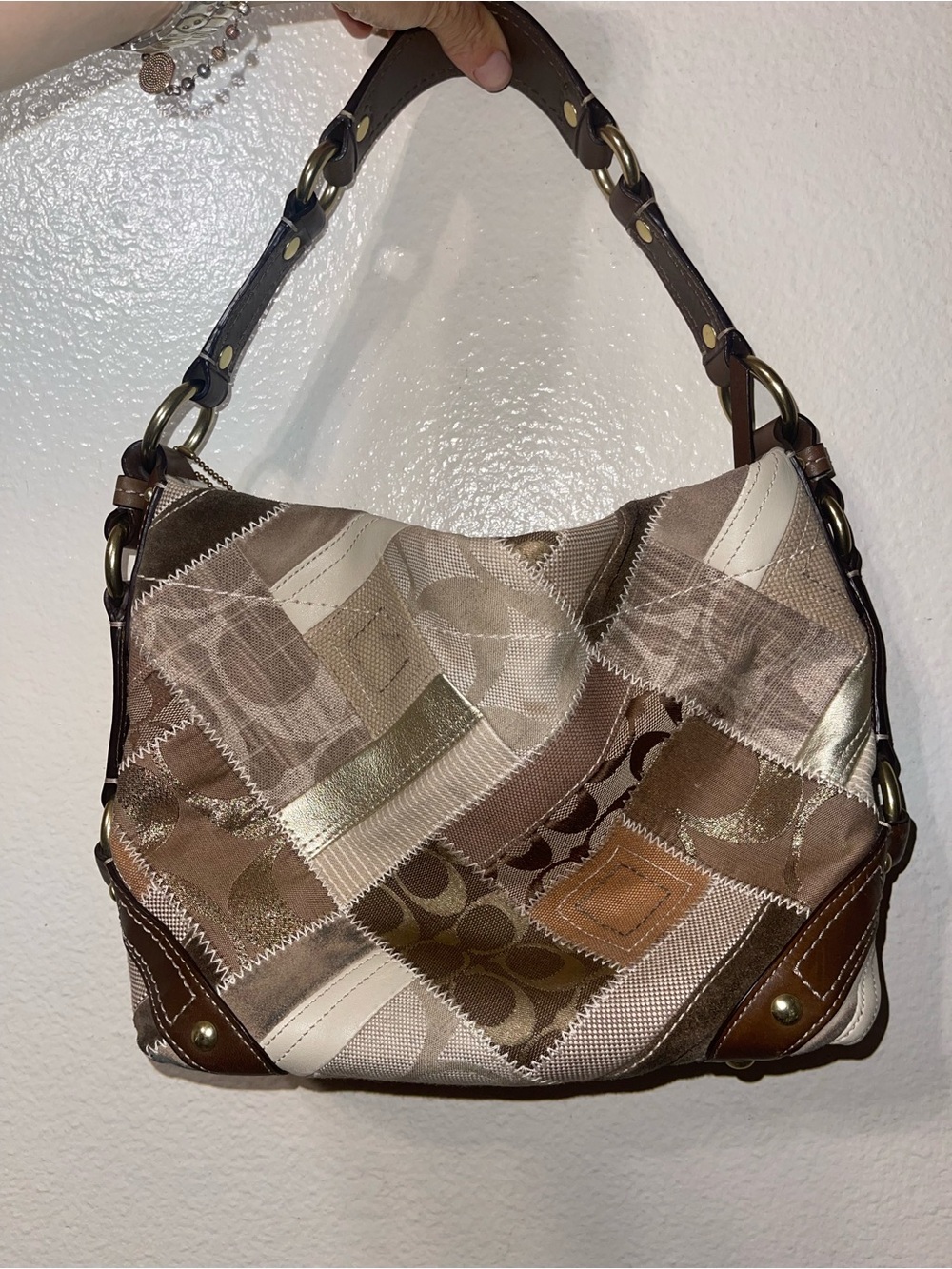 Coach Patchwork Shoulder Bag in Brown, Cream and Metallic
